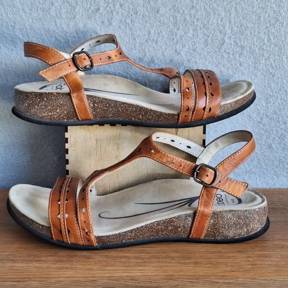 ABEO Basha Sandals Women 9 N Brown Leather Wedge Slingback Comfort Shoes Walking